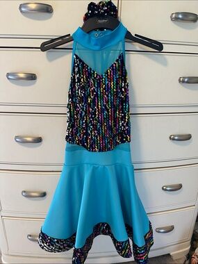 Weissman Turquoise Dance Dress with Multicolor Sequins